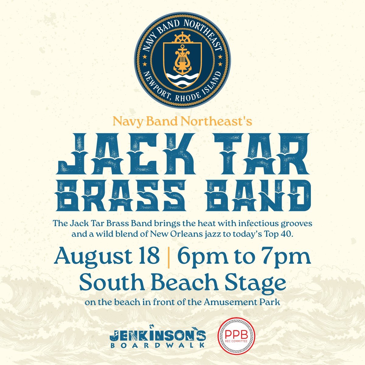 A promotional flyer for Navy Band Northeast's Jack Tar Brass Band concert on August 18 at Jenkinson's Boardwalk.