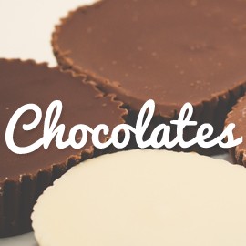 The word "Chocolates" with chocolate from Jenk's Sweet Shop in the background.